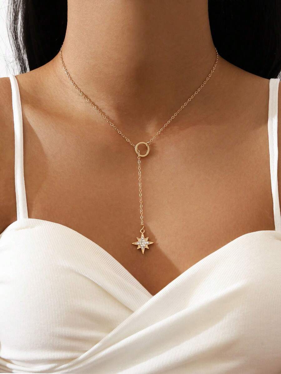 1pc Women Simple Zinc Alloy Circle Octagonal Star Beach Style Necklace, Gift Idea - Yellow Gold - View 1