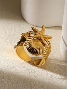 1pc Stainless Steel Beach Starfish, Shell, Seashell Design Ring, Suitable For Women As Daily Accessory, Vacation Wear, Dating, Gift