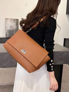 New Simple Solid Color Large Capacity Briefcase, Korean Fashion Shoulder Casual Messenger Bag - Brown - View 7