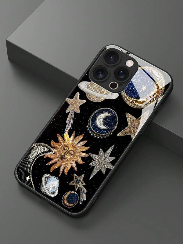 1pc Creative Vintage Sun Totem & Stars Moon Planet Pattern High-Definition Tempered Glass Phone Case, Compatible With Apple 17 Pro Max/17 Air/16 Pro Max/15/14 Plus/13/12/11/XR/8P And Galaxy S25/S24/S23 Ultra/S22/S20/Note20/Note10/A56/A53/A34/A14/A11/A05/A03S