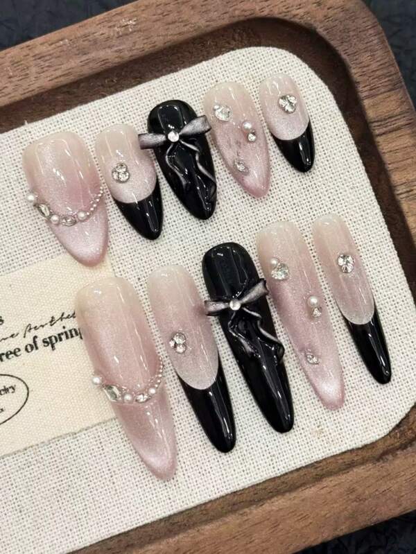 10 Sets Y2K Cute Girl! Almond Matte Black French Style With Purple-Pink Glitter Cat Eye Rhinestone Accented 3D Black-Pink Bow Decor False Nails, Reusable Press On Nails With Mini Nail Buffer For Gifts And Parties