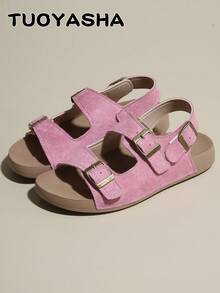 夏季复古凉鞋，新款时尚厚底防滑休闲沙滩鞋，纯色舒适带金属扣露趾女鞋 - 粉紅色 - 查看 6