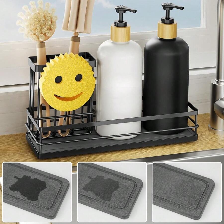 Juego de dispensadores de jabón para vajilla de cocina, botella de vidrio de 16 onzas, juego de dispensadores de jabón de manos y vajilla, bandeja de secado instantáneo de acero inoxidable, base antideslizante de silicona, soporte para cepillo con soporte para esponja con forma de cara - Negro - Ver 1