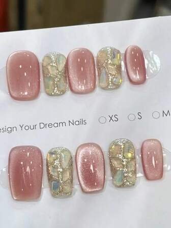 24Pcs Short Square Transparent Glitter Light Brown Almond Shaped False Nails Set, Suitable For Women, Students, Office Workers, Daily Wear, Dates Press On Nails Nail Supplies Nails