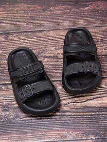 1 Pair Boys' Comfortable Lightweight Dual-Strap Design Casual Sandals/Slippers, Fashionable And Foam Slides, Summer - Black - View 7