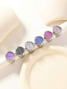 Bộ đồng hồ và nhẫn kiểu Gothic phương Tây, màu bạc sáng bóng nhiều màu sắc, dây đeo co giãn có thể điều chỉnh, thích hợp cho nữ giới và các cặp đôi đeo hàng ngày, bộ trang sức đồng hồ và nhẫn thời trang dành cho nữ với các màu hồng, xanh dương, tím, xanh lá cây, đỏ, vàng. - Nhẫn tròn bạc - Xem 2