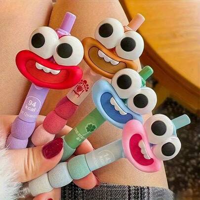 彩色可爱有趣的笔，大眼睛和大嘴巴，可伸缩中号笔尖，黑色墨水，塑料和橡胶握把，适合双手使用，适合日常书写和办公室工作，学校用品，文具，学生奖品，节日和派对的可爱礼物，返校