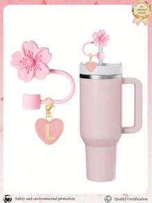 2 件套心形和字母秋海棠花吸管装饰、粉色杯字母标记和硅胶秋海棠花可重复使用吸管盖（适用于 1 厘米直径吸管），可爱字母装饰，适用于现代简约玻璃杯，返校用品 - 粉色 - 查看 16