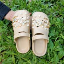 Dép xỏ ngón hở mũi đế dày mới cho nữ mùa hè, thoải mái, có quai đeo mắt cá chân có thể tháo rời, màu kaki kèm 1 bộ trang trí giày - Màu Khaki - Xem 2