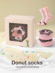 两双装多色中筒袜，男女通用情侣礼盒，柔软甜甜圈设计，创意美食图案，舒适百搭，适合生日、情人节、复活节、斋月、约会、家庭聚会、派对、节日等场合。