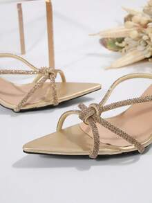 白色仙女风格方头细跟凉鞋，女式夏秋季新款时尚合成皮革高跟鞋，适合通勤、商务、聚会、派对 - 金色 - 查看 8