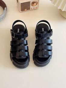 Summer New Round Toe Woven Decorative Design For Girls' Outdoor Sandals, Anti Slip , Fashionable And Generous Children's High Heels Roman Sandals