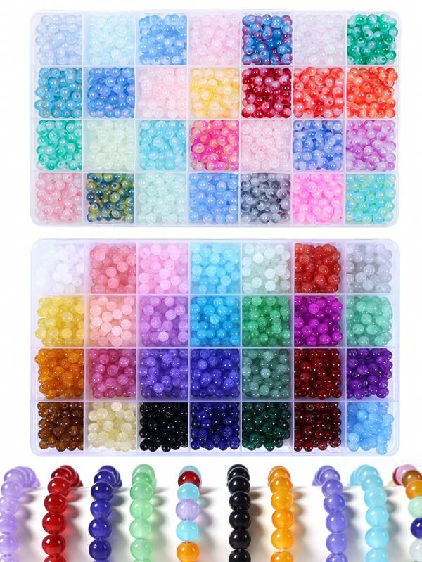 1400 Stück 28 Farben 6mm runde Multi-Color Glas Perlen Schmuckset DIY zum Kombinieren farbiger Perlen zum Herstellen von Freundschaftsarmbändern, Halsketten, Ohrringen, Accessoires Set geeignet für Urlaubsgeschenke, Partys, Strandurlaub