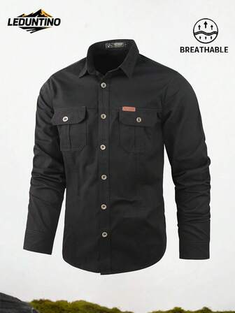 LEDUNTINO Men's Fashion Button-Up Casual Outdoor Shirt, Solid Green, Sports Style, Boyfriend Gift, Men's Long Sleeve Spring/Autumn Tops, Multicolor, Double Pockets, Lapel Collar, Spring/Fall Clothing