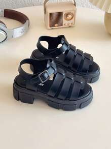 Summer New Round Toe Woven Decorative Design For Girls' Outdoor Sandals, Anti Slip , Fashionable And Generous Children's High Heels Roman Sandals