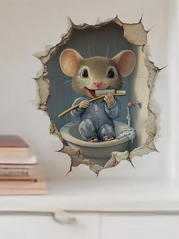 1 pieza Pegatina de pared extraíble con diseño de ratón lindo cepillándose los dientes en un agujero de ratón, adecuada para sala de estar, baño, escaleras, como regalo de decoración del hogar con tema animal, decoración de primavera para hacer que tu hogar se vea fresco, pegatina de decoración navideña, regalo de cumpleaños o graduación