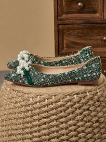 WHDXY 1 Pair Women Green Pearl Flat Shoes, Pointed Toe Soft Leather Comfortable Office Work Shoes, Versatile Loafers, Ballerina Flats Casual Chic Commuting Shoes - Green - View 4