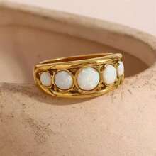 VKHK 1 pieza Anillo sencillo de acero inoxidable chapado en oro de 18k con decoración de ópalo blanco, adecuado para uso diario y bodas de la mujer, regalo