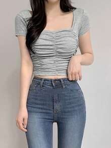 2025年夏季女款弹力修身百褶休闲百搭短袖T恤