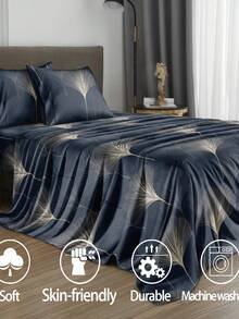 Juego de sábanas de 4 piezas con estampado de hojas de ginkgo azul marino y flores, juego de ropa de cama de microfibra suave y de fácil cuidado (1 sábana plana + 1 sábana ajustable + 2 fundas de almohada) Juego de sábana ajustable Tamaño King, Queen, Full, TWIN. Bolsillo profundo de hasta 11,8 pulgadas, suave, transpirable y sin arrugas, mejor para dormir, estilo de hotel de lujo, regalo para mamá, papá, amigo - Multicolor - Ver 2