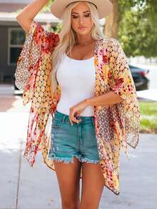 Acelitt Women's Bohemian Style Polka Dot Print Batwing Sleeve Loose Casual Kimono Jacket, Suitable For Travel, Beach, Vacation In Summer - Multicolor - View 1