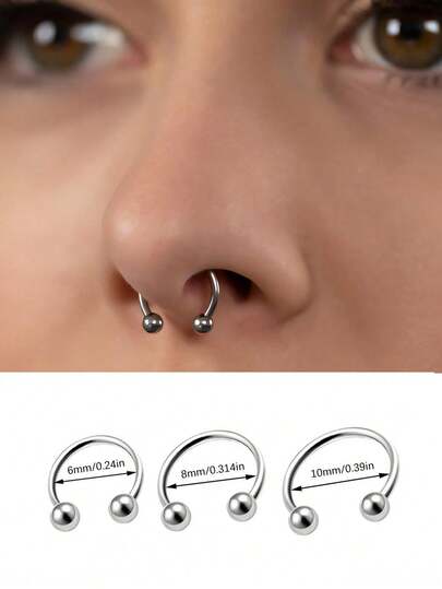 3件/1套 不锈钢鼻中隔穿孔鼻环软骨马蹄形球形耳环 金/黑/银 男女通用 身体饰品 朋克配饰