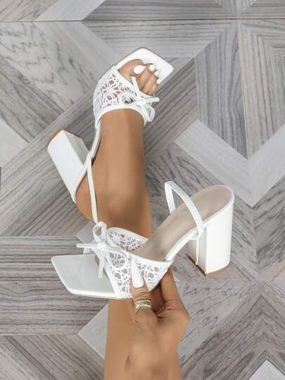 Women's White Square Toe High Heel Sandals, Fashionable Versatile Sexy Party Dress Shoes, Elongate Legs