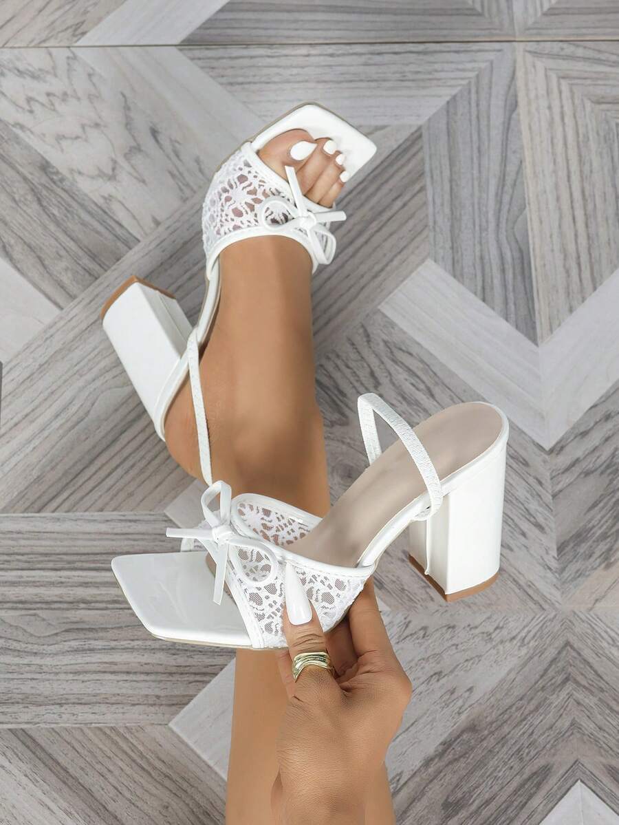 Women's White Square Toe High Heel Sandals, Fashionable Versatile Sexy Party Dress Shoes, Elongate Legs - White - View 1