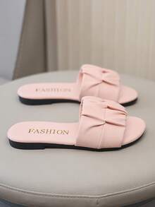 Dép lê ngoài trời mùa hè mới cho bé gái, kiểu dáng xếp ly, mũi tròn, thời trang và trang nhã, màu trơn, kiểu phương Tây, đế bằng cho trẻ em. - Hồng - Xem 2