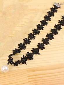 1pc Gothic Style Flower Lace Pendant Necklace With Pearls, Simple & Fashionable For Daily Wear - Black - View 4