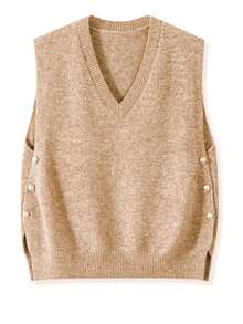 Plus Size Solid Color V-Neck Button Loose Casual Knit Pullover Sweater - Khaki - View 2