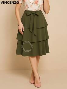 Layered Godet Midi Skirt With Elegant Bow Belt High Waist Christian Fashion Social Comfortable Full-Bodied Fabric