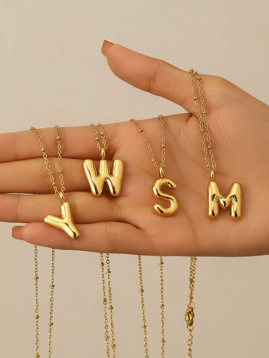 1 件精致双曲线不锈钢泡泡英文字母吊坠项链，方晶锆石字母吊坠项链，适合女性日常佩戴和派对搭配