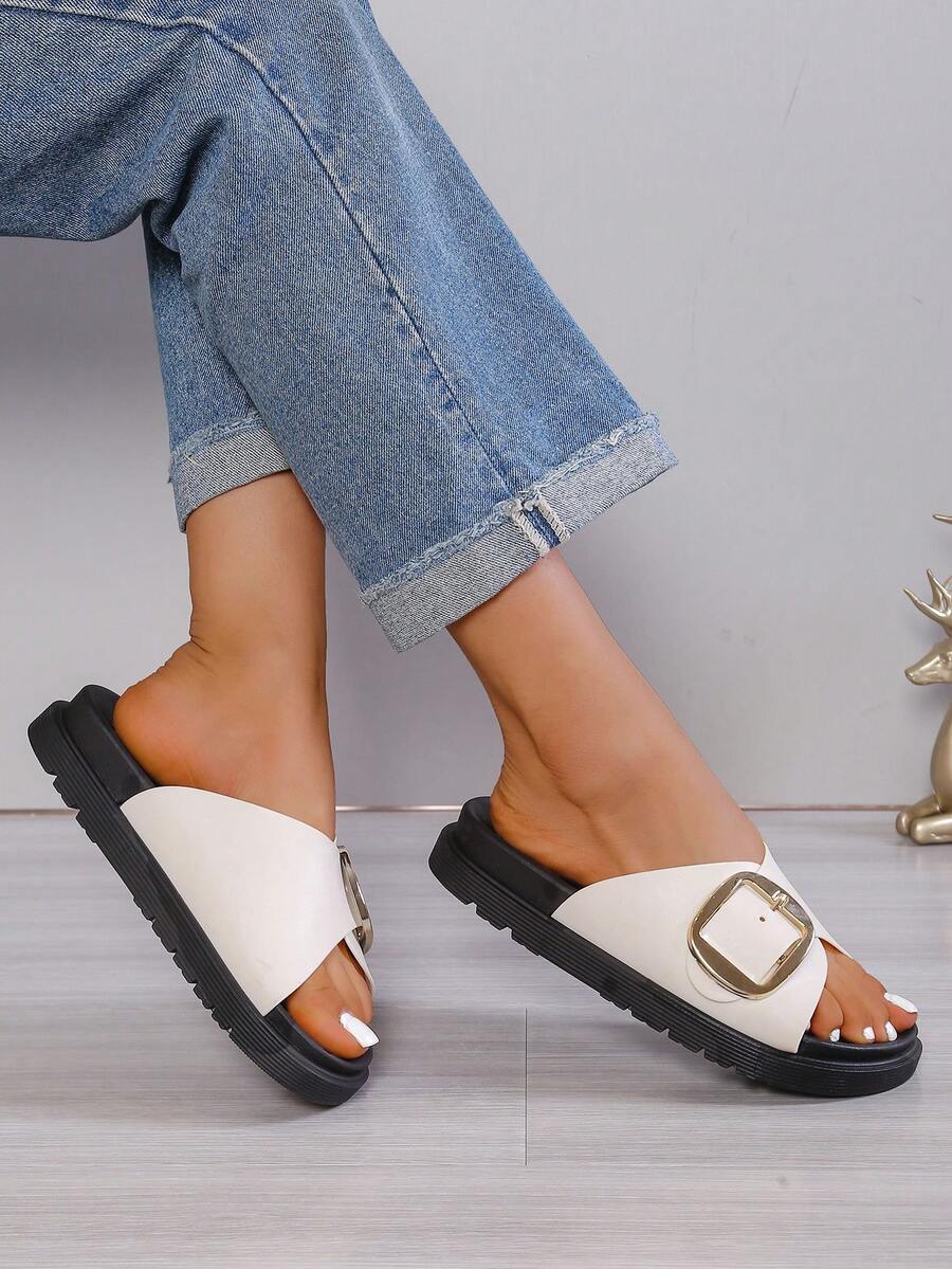 Women's Thick Sole Slippers, Punk Fashion Buckle Design, For Indoor/Outdoor & Beach Use - Beige - View 1