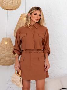Elegant Marrant Set | Three-Quarter Sleeve Shirt And Sophisticated Skirt Shorts | With Belt - 棕色 - 查看 7