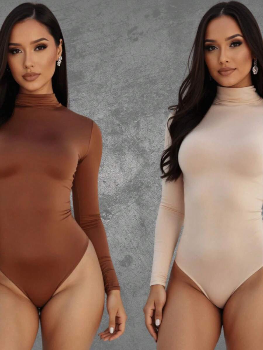 KIT 2 Women's Bodysuit Long Sleeve High Neck Cacharrel Second Skin Suplex Premium Moda Bory Bore - 棕色/米色 - 查看 1