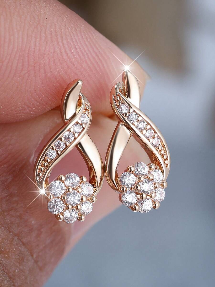 1 对设计奢华优雅十字圆花全锆石女式耳钉耳环，生日、周年纪念、节日礼物 - 白色 - 查看 1