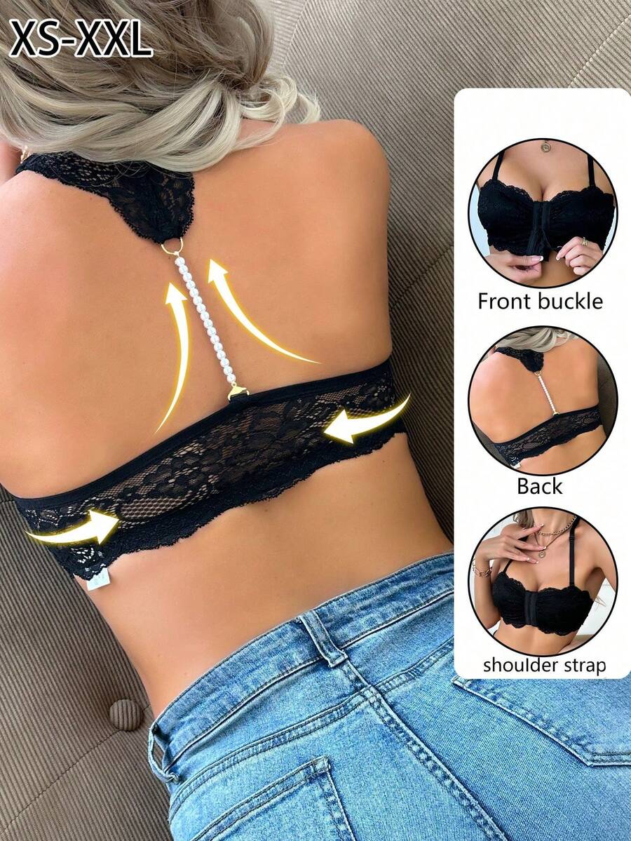 Women's Fashion Racerback Lace Patchwork Front Closure Lingerie - Black - View 1