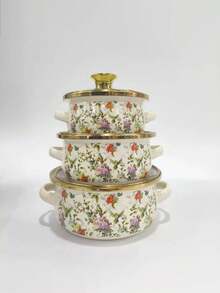 3pcs Enamel Coated Pots With Gold Rim, Enamel Bowls, Household Pots, Mini Pots, Enamel Soup Pots, Ramen Bowls, Small Hot Pot, Thick Enamel Coated Pots, Mini Saucepan, Enamel Coated Pots With Dual Handles For Induction Cooktop And Gas Stove, Enamel Coated Soup Pot, Lard Jar, Milk Pot With Lid, Dual-Use For Induction Cooktop