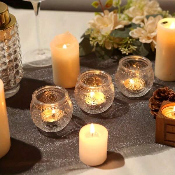 6Pcs Tea Lights Candle Holders- Glass Votive Candle Holders For Tealights , Small Candle Holders With Vintage Floral Design For Wedding, Fall Party, Christmas Decor