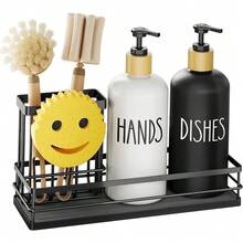 Juego de dispensadores de jabón para vajilla de cocina, botella de vidrio de 16 onzas, juego de dispensadores de jabón de manos y vajilla, bandeja de secado instantáneo de acero inoxidable, base antideslizante de silicona, soporte para cepillo con soporte para esponja con forma de cara - Negro - Ver 8