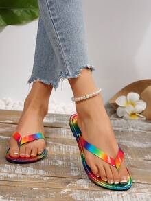 Vibrant, Flip-Flops With Abstract Fluid And Rainbow Patterns Composed Of Colorful Lines And Blocks, Presenting A Lively, Free, And Artistic Visual Effect. Comfortable And Fashionable Flat Slides For Casual Wear And Indoor Use - Multicolor - View 1