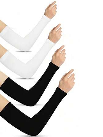 4 Pairs Black And White Straight Fabric Sun Protection Arm Sleeves For Women