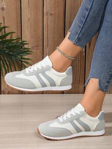 (The Size Runs One Size Small)Women'S Casual Striped Low-Top Sneakers - Lightweight Breathable Fabric Upper, Durable Rubber Sole, Lace-Up Closure, All-Season Comfort For Casual Attire, Ladies Sneakers, Everyday Footwear, Classic Stripe Design, Comfortable Footwear - Grey - View 2