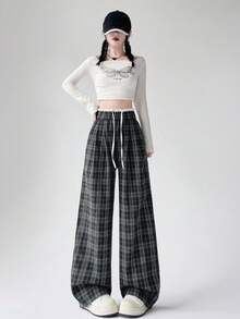 女士宽松格纹阔腿裤，美式休闲风格，带口袋，直筒垂坠长裤 - 黑色 - 查看 2