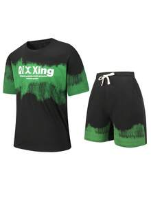 2 件男士休闲 T 恤和短裤套装，宽松时尚街头服饰，夏季 - 黑色 - 查看 2