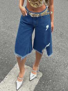 Women's Retro High Waisted Seven Quarter Jeans, Women's Slimming, Wide Leg Straight Leg Pants, Non Elastic Denim Shorts, Summer Versatile Casual Pants, Young And Fashionable Outfits - 深色水洗藍 - 查看 4