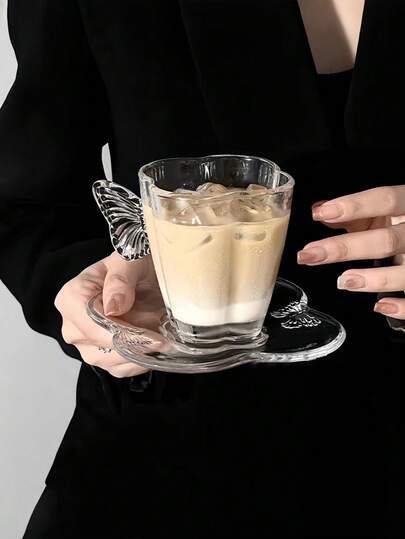 Bộ Cốc & Đĩa Thủy Tinh Hình Bướm & Cỏ Bốn Lá 3D, Cốc & Đĩa Cà Phê Latte Mỹ, Cốc Nước Thời Trang, Cốc & Đĩa Sữa Ăn Sáng, Thích Hợp Cho Phòng Khách, Nhà Hàng, Quán Cà Phê