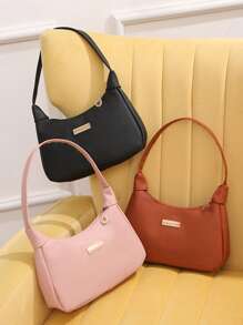 Bolso de mujer de grano de lichi PU, bolso de hombro de moda para mujer, bolso de mano de unicolor con cierre de cremallera y muñequera, forro de poliéster, versátil bolso de almohada para debajo del brazo - Disponible en blanco, negro, rosa, caqui, marrón