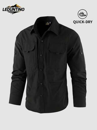 LEDUNTINO [Spring/Summer] Men's Fashion Button Casual Outdoor Shirt, Solid Green, Sports, Cargo, Quick-Drying, Boyfriend Gift, Men's Spring Autumn Long Sleeve Shirt, Multi-Pocket, Elasticity, Lapel Shirt With Zipper Pocket, Spring Fall Wear